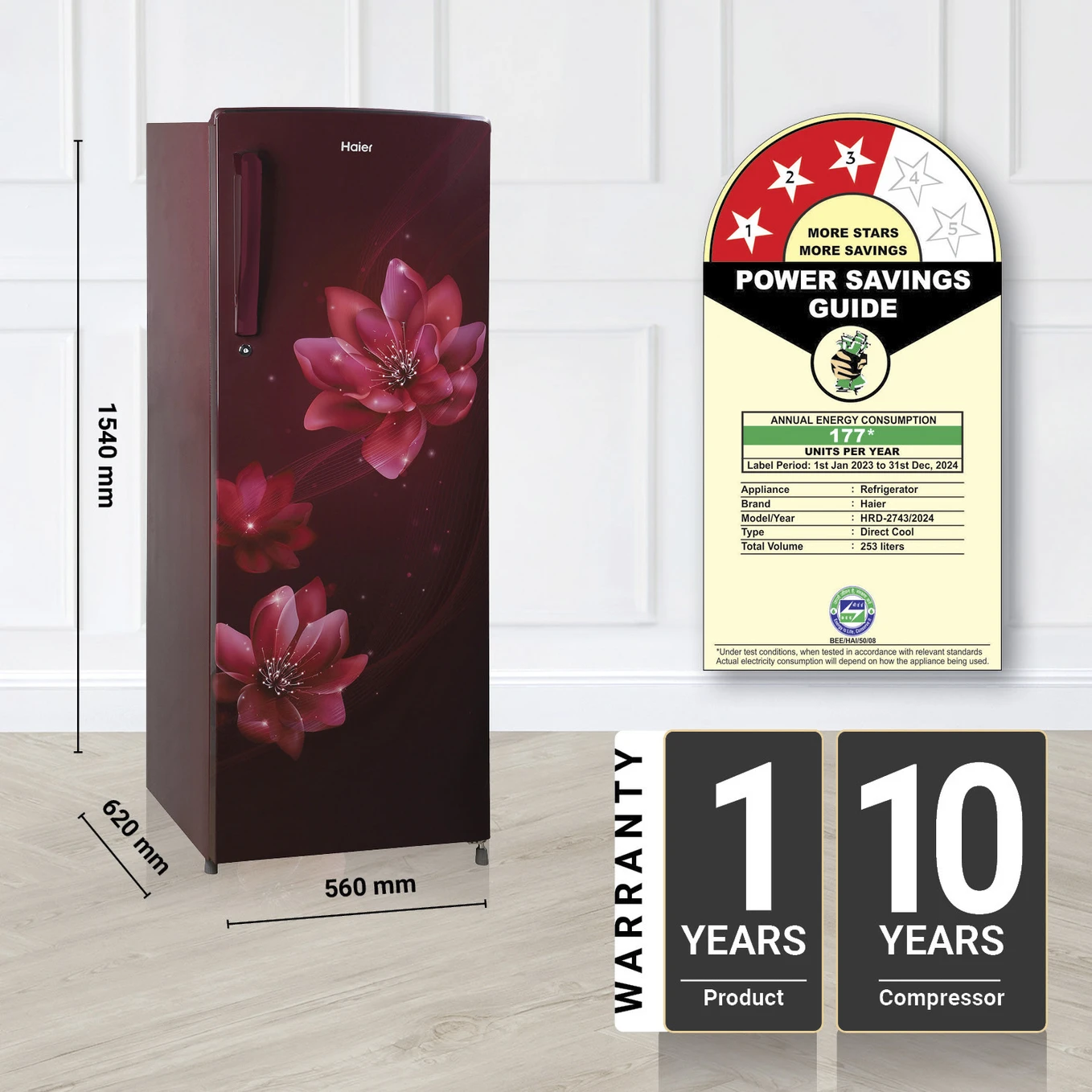 Haier 253 L Direct Cool Single Door 3 Star Refrigerator  with DEFT TechnologyLarge Vegetable Box (Red Peony, HRD-2743CRP-N)